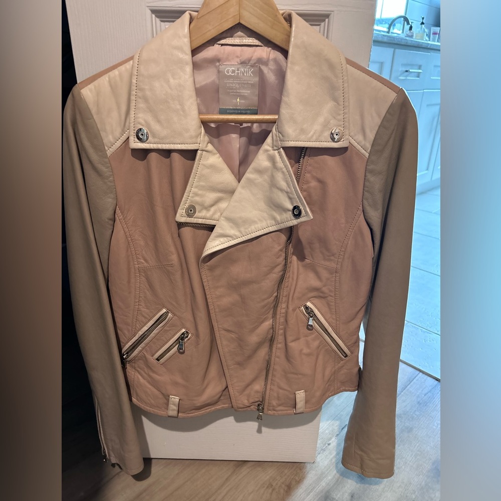 Ochnik European Leather Lapel Motorcycle Jacket Coat Multicolor beige tan pink
